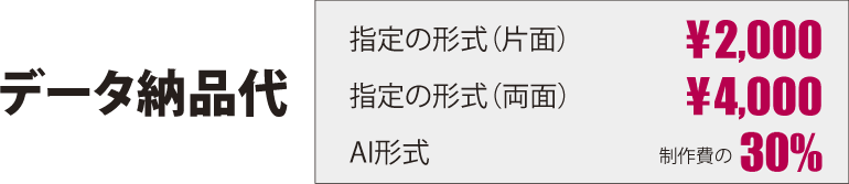 データ納品代|指定方式（片面）2,000円|指定方式（両面）4,000円|AI形式制作費の25％| 下版代行費|他社印刷の場合4,000円