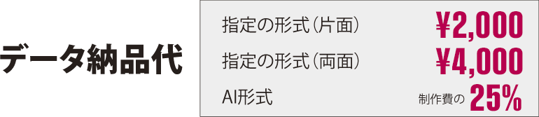 データ納品代|指定方式（片面）2,000円|指定方式（両面）4,000円|AI形式制作費の25％| 下版代行費|他社印刷の場合4,000円